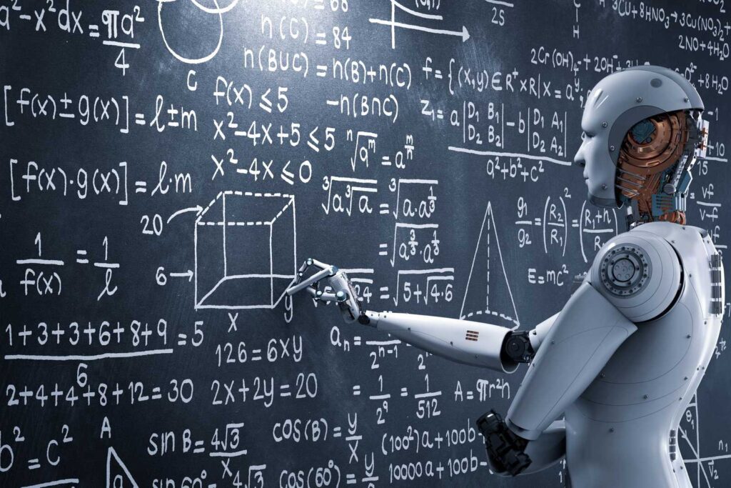 A typical bad stockphoto of AI showing a humanoid white robot infront of a blackboard filled with mathematical equations