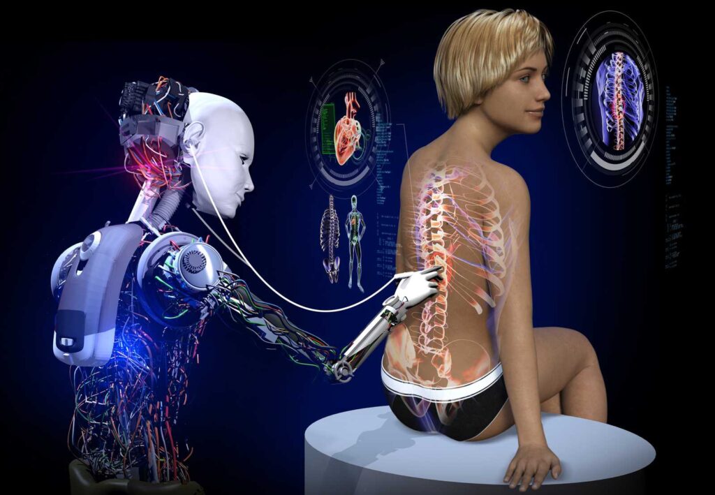 A bad stockphoto of AI showing a robot using a stethoscope on a human being with transparent skin