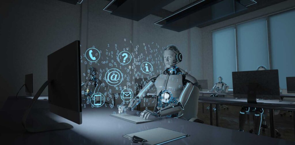 A typical bad stockphoto of AI showing a humanoid white robot wearing headphones, typing on a keyboard and blueish icons surround him in mid-air