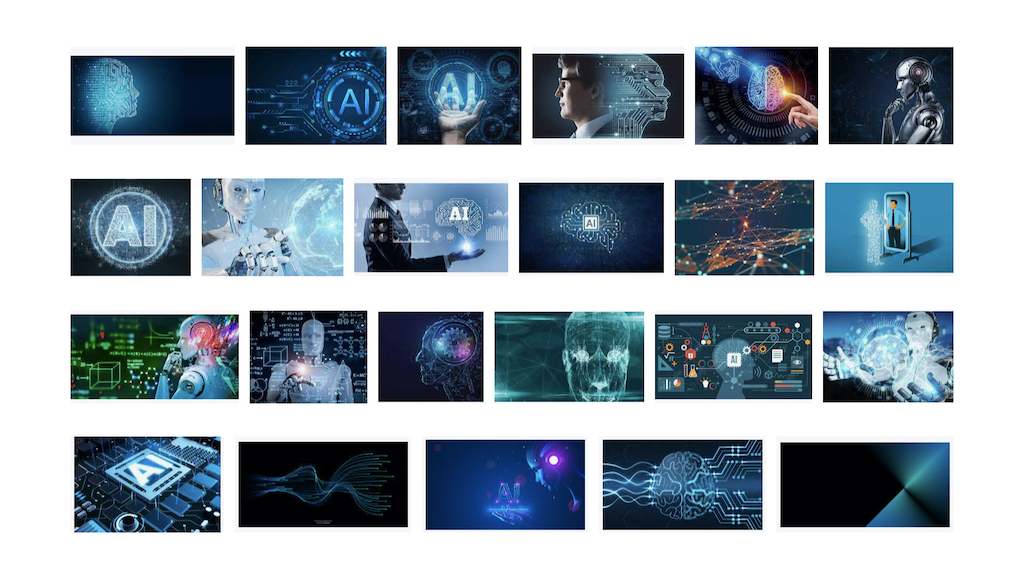 A screenshot of a Google image search for "Artificial intelligence" showing a wall of blueish images depicting humanoid robots and glowing blue brains