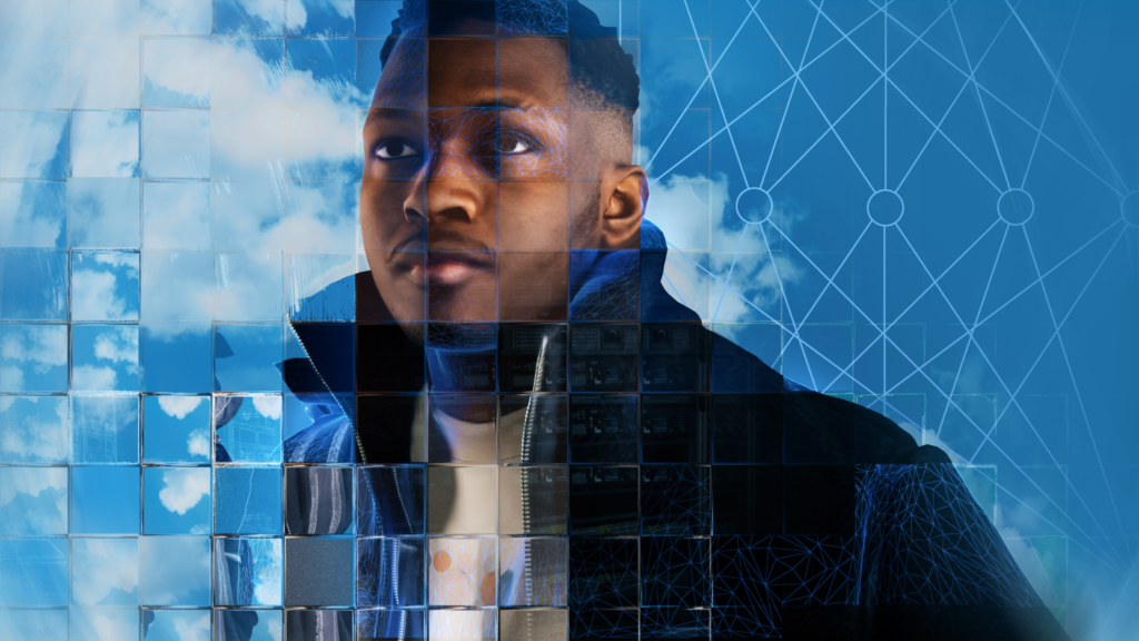 A photographic rendering of a young black man standing in front of a cloudy blue sky, seen through a refractive glass grid and overlaid with a diagram of a neural network