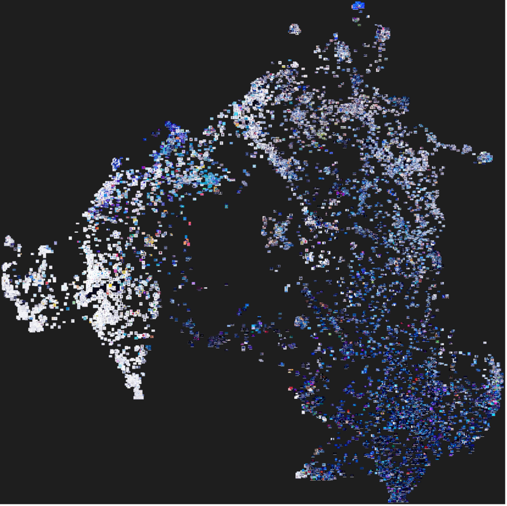 On a black background thousands of small pixel-like images floating similar to the shape of a world map