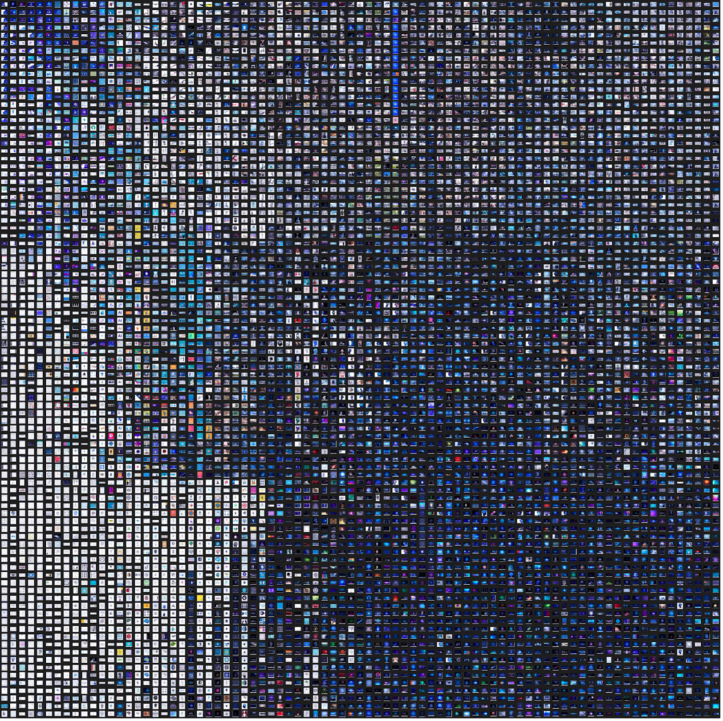A glimmering square mosaic with dark blue and white colors consisting of thousands of small pictures