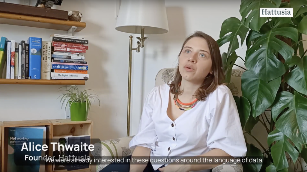 Still from a video showing Alice Thwaite being interviewed