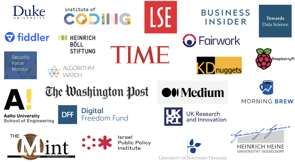 Logos of various organisations and publications which have used images from the Better Images of AI library