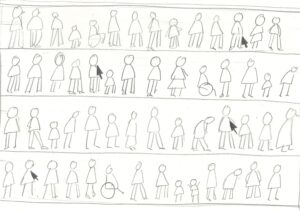 Rows of people are randomly overlayed by computer cursors.