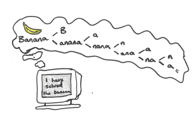 Drawing by Aisha Sobey. A computer claims to have “solved the banana” after listing the letters that spell “banana” – whilst a seemingly analytical process has been followed, the computer isn’t providing much insight nor solving any real problem.