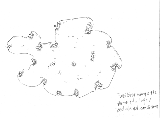 Drawing by Yokako Tanaka. An abstract blob is outlined encrusted with different smaller shapes at different points around it. The image depicts an ideal approach to AI in the public sector, which is inclusive of all positionalities.