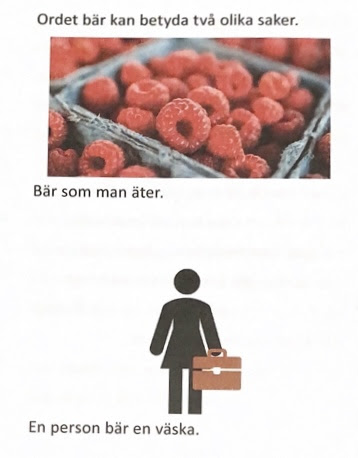 Two images with Swedish text explaining the images. 1. A box of raspberries. 2. symbol of person carriying a bag. The Swedish word ”bär” is present in both explanations.