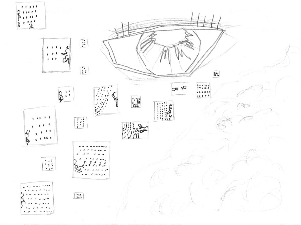 A big eye floats above rectangles containing rows of dots and cryptic shapes.