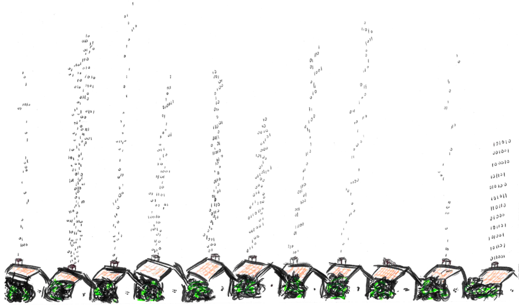 Practically identical houses are lined up at the bottom of the image. Out of each house's chimney, columns of binary code – 1's and 0's – emerge.