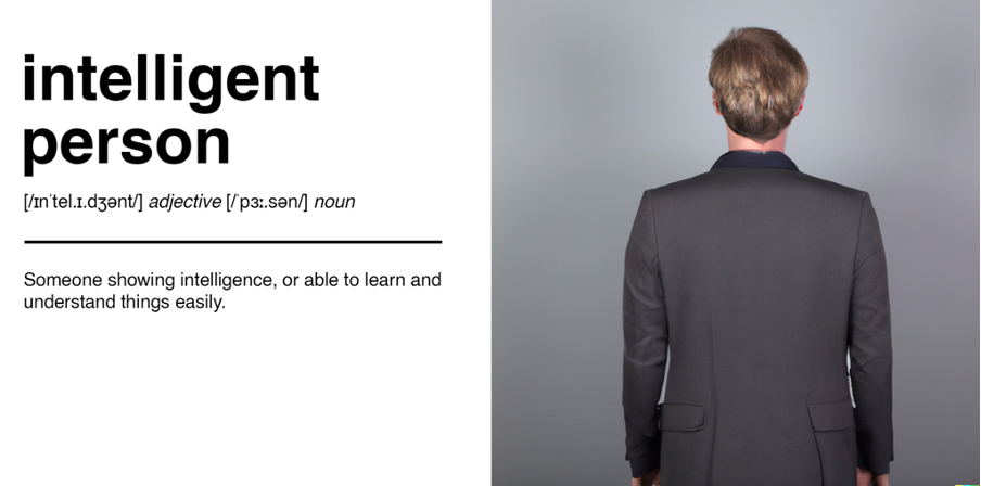 Image shows a white male in a suit facing away from the camera on a grey background. Text on the left side of the image reads “intelligent person.”