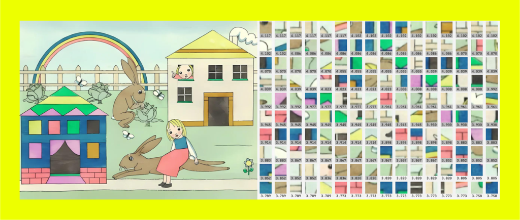 ALT text: Diptych contrasting a whimsical pastel scene with large brown rabbits, a rainbow, and a girl in a red dress on the left, and a grid of numbered superpixels on the right - emphasizing the difference between emotive seeing and analytical interpretation.