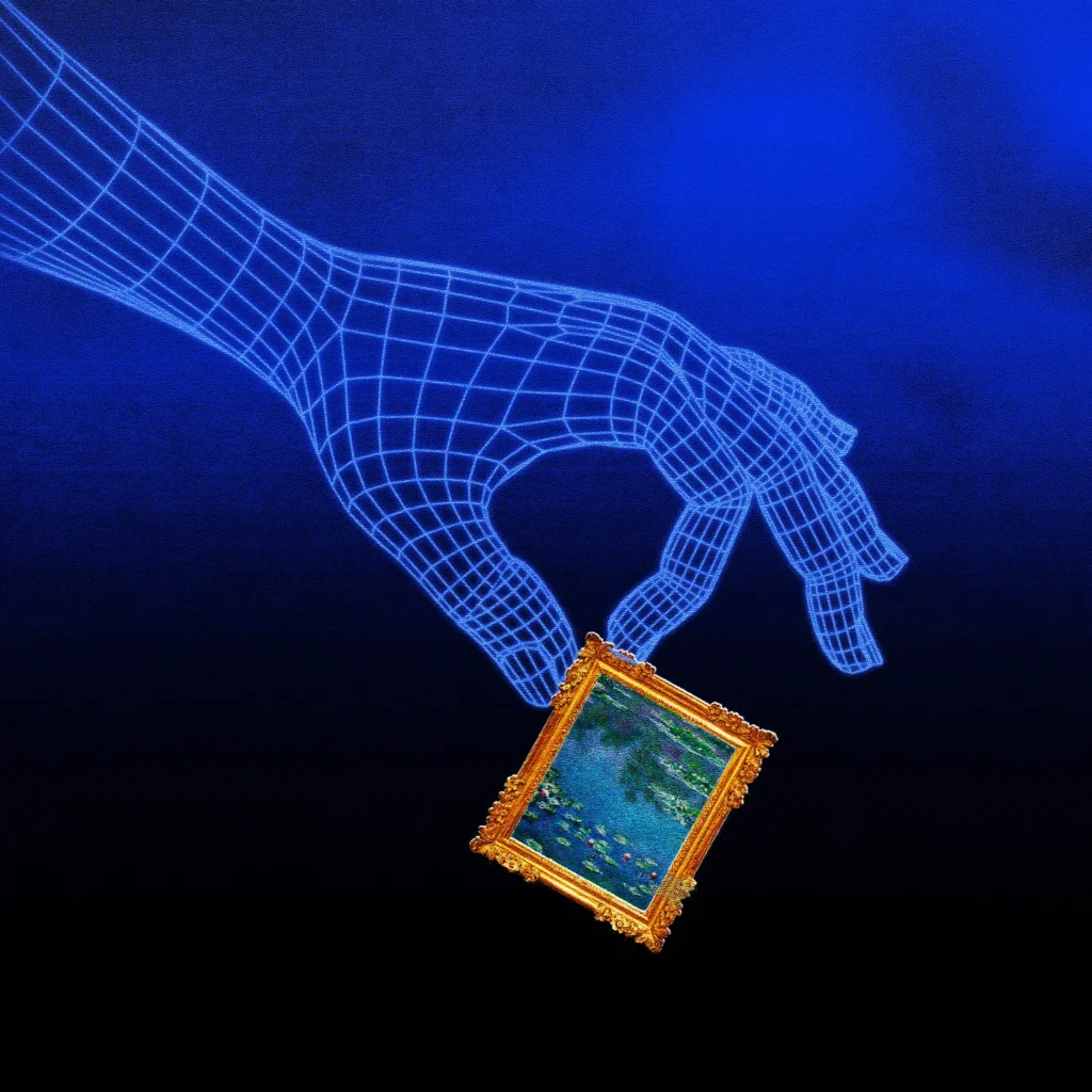 The image features a blue wireframe hand reaching out to delicately grasp a small, gold-framed painting. The painting appears to beClaude Monet's "Water Lilies." The background transitions from deep black at the bottom to an bright blue gradient at the top. 