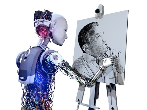 The image features a white humanoid robot which is partly made up of exposed wires but has a very human-like white face. The robot is drawing or painting a picture on an easel. The image appears to be of a person thinking, it is sketched in black and white. 