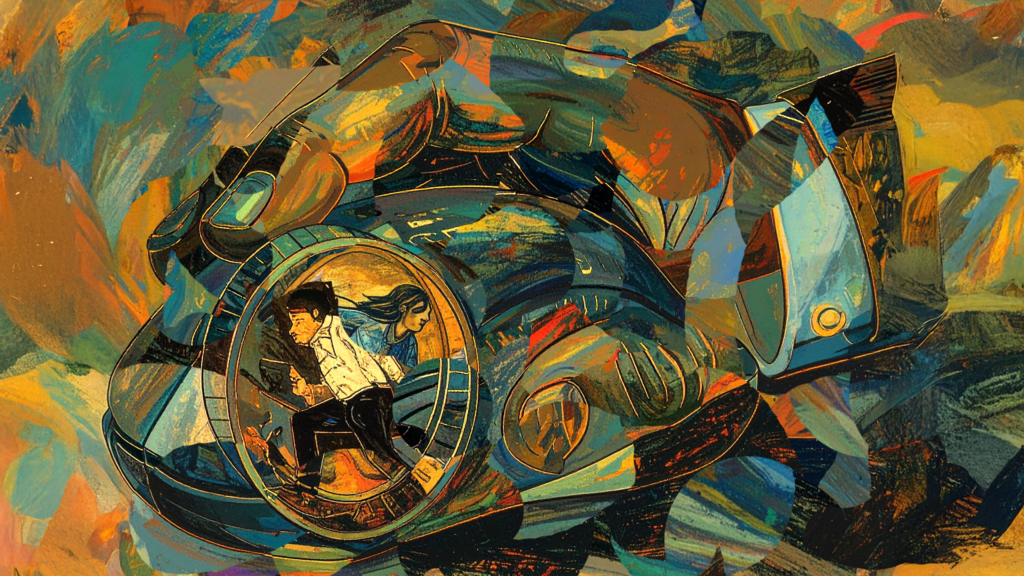 Two workers running inside a scroll wheel embedded in a computer mouse, controlled by a giant capitalist hand.