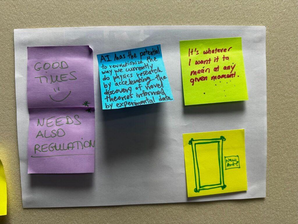 Close up of coloured post-it notes scattered across it with participant's written and visual responses to the prompt "what does AI mean to you?".