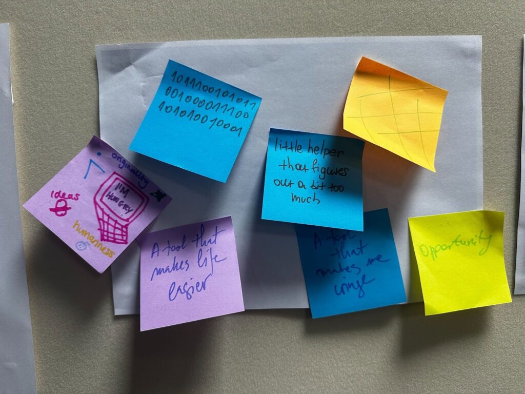 Close up of coloured post-it notes scattered across it with participant's written and visual responses to the prompt "what does AI mean to you?".