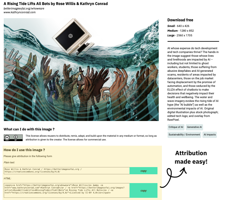 A screenshot of an image card from the library with the copy and paste attribution functionality highlighted in a yellow box with an arrow pointing which states "attribution made easy!"