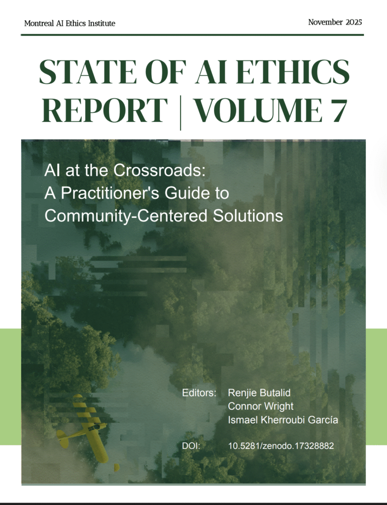 State of AI Ethics Report cover with central image of a bird's eye view photo of a small yellow aeroplane flying over a river or lake, interspersed with trees and clouds. However, the image is slightly distorted with digital artifacts.