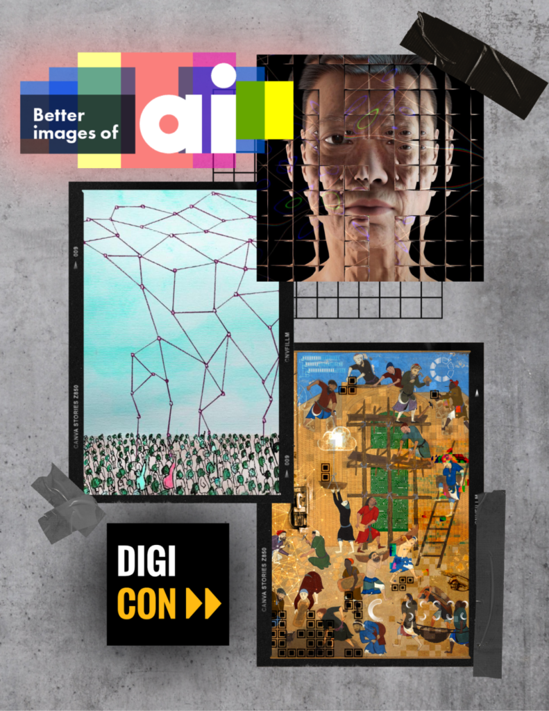 The front cover of the flipbook which features the Better Images of AI logo alongside the DigiCon logo. In the middle, there are three images from the library distributed in a sketchbook/collage style. 