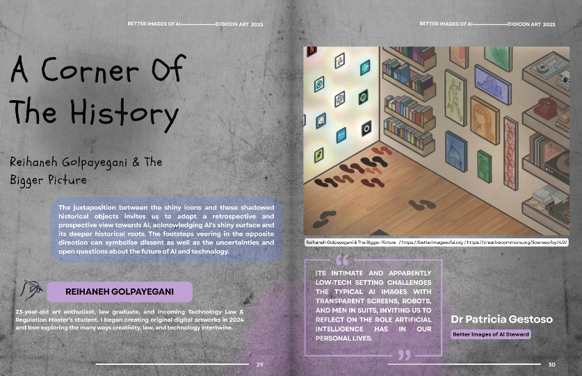 A double page spread taken from the flipbook which shows the image 'A Corner of The History' from the Better Images of AI library alongside a description of the image, the artist, and comments from a volunteer steward. 