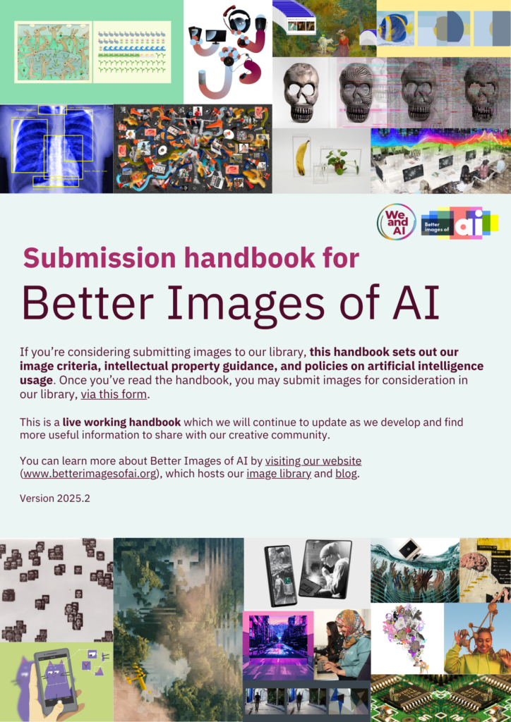 A cover of the Submission Handbook to Better Images of AI. The top and bottom of the cover feature a collage of various images from the library. The middle includes the title and some informational content.