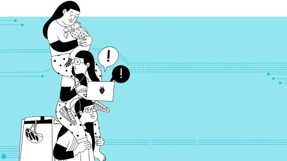 Woman working simultaneously as a delivery worker, remote employee, and caring her child, representing the opportunities and risks of work digitalization.