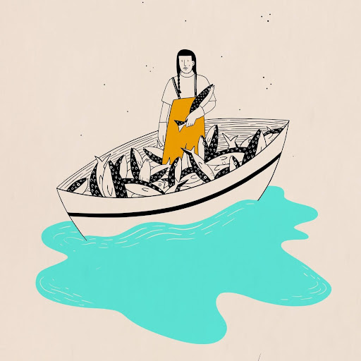 A line drawing of an individual in an apron in a boat full of fish in a lake. 