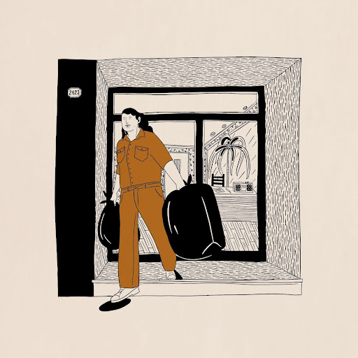 Line drawing of an individual carrying two black bin bags. 