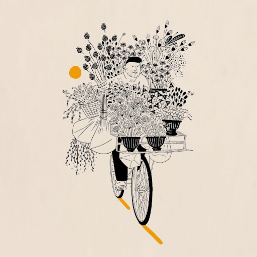 Line drawing of an individual riding a bike surrounded by flowers and plants. 