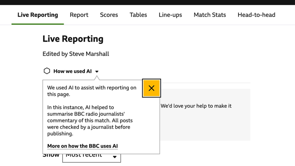 A screenshot from the BBC website, which shows a neutral hexagon derived from their monochrome brand blocks, paired with context-specific disclosure language following a "How we used AI" formula. 