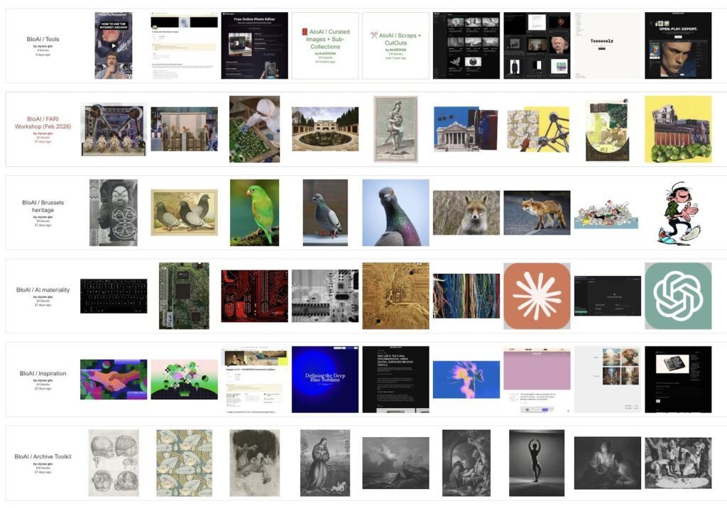 A screenshot of the digital images in a library. Images shown range from AI company logos to parrots. 