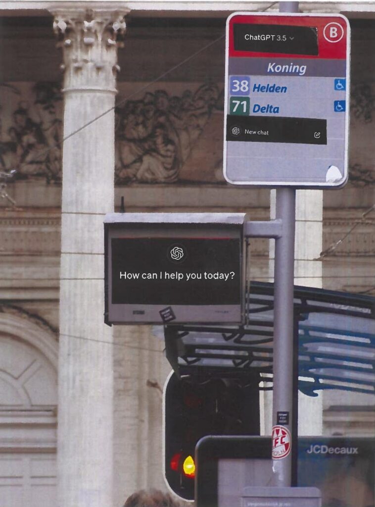 A bus stop with screenshots from ChatGPT's interface overlayed, including "How can I help you today" with the OpenAI logo above on the traffic light. "ChatGPT 3.5" is at the top of the list of stops, and "New chat" beneath "38 Helden" and "71 Delta" as an additional stop.