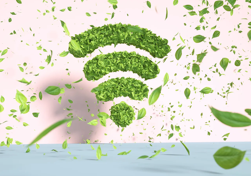 A wifi symbol is in a green grassy texture, leaves fall around the symbol like confetti. The background is a light pink wall and baby blue floor.