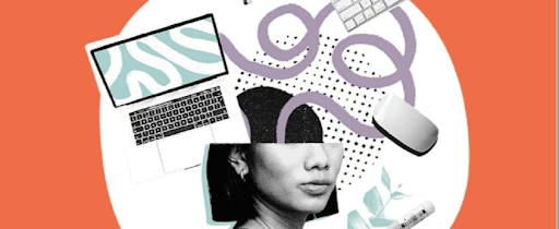 An orange background with a mixture of back and white photography. A picture of an individual's head is cut off with a purple swirl entering her head. A laptop is also positioned near her head alongside the corner of a keyboard and mouse.