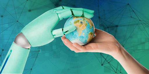 A blue robotic hand outstretches to cup a globe which is also resting in the palm of a white Caucasian human hand.