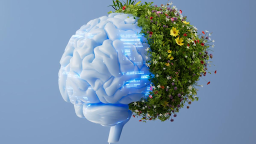 A white brain with blue radiance is joined with a wild flower bush, which creates the end of the brain.