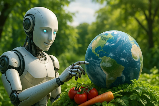 A white robot with piercing blue eyes outstretches its finger to touch a globe. The robot is in a forrest and a bunch of tomatoes and a carrot are laying by the side of the globe.