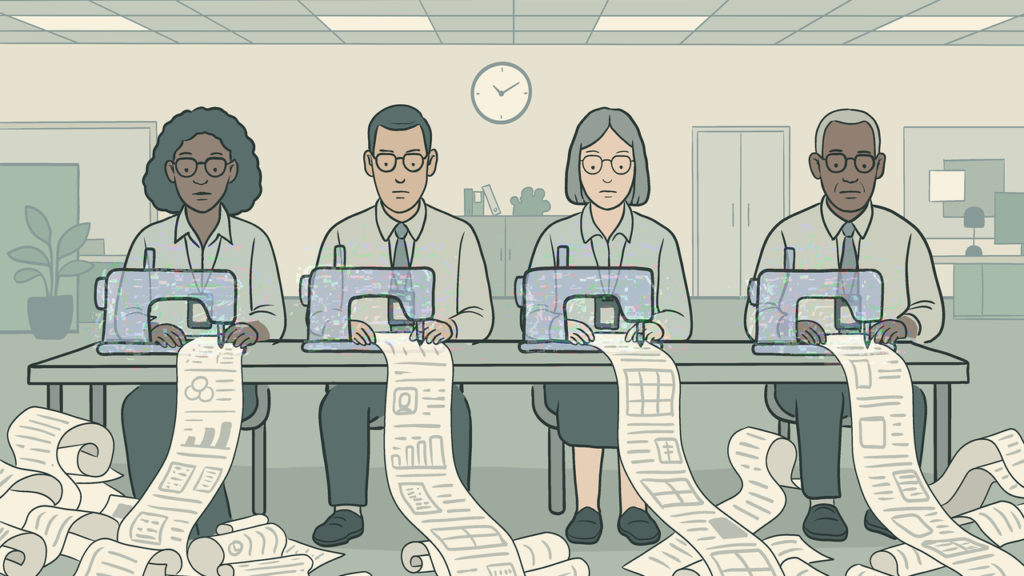 A row of knowledge workers operate sewing machines producing piles of spreadsheets and reports.