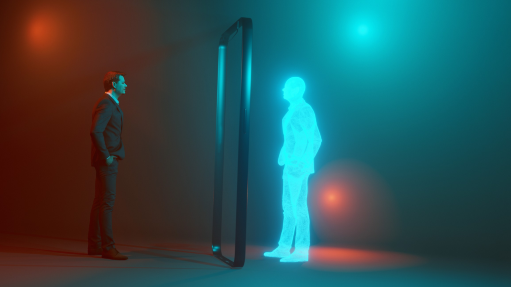On the left is a man in a suit, he is looking into and facing a door frame and on the other side shows a mirror figure of him – but this time, it is a glowing blue hologram. 