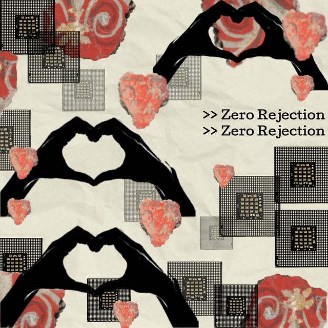 A repeated motif shows two hands coming together, where the fingers are shaped to suggest a heart. These are set amongst a series of images of small AI chips and red painted rocks which pick up on the motif of the heart. Repeated text on the right of the image reads ‘zero rejection’.