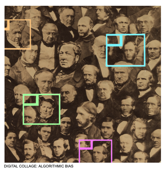 A greyscale, vintage-effect archival image of traditional men in a crowd. Coloured bounding boxes focus attention on 4 of the faces. 