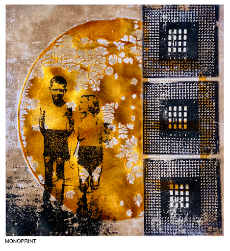 An archival image of two children, almost with a spray-painted effect, they are etched onto the background. Over the top, there is a golden pattern which almost looks like decaying in a petri dish. On the right is black print of AI chips. 