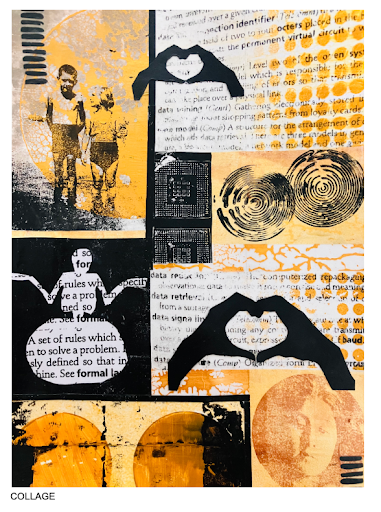 A collage featuring archival images which is overlaid by orange and black motifs. For instance, a skull shape with a newspaper pattern beneath, or a heart symbol silhouette from two hands joined together. 