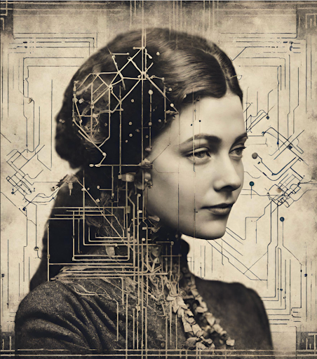 An image of the side profile of a woman in an old, vintage style. Overlayed the image is a series of circuit-style lines and network lines.