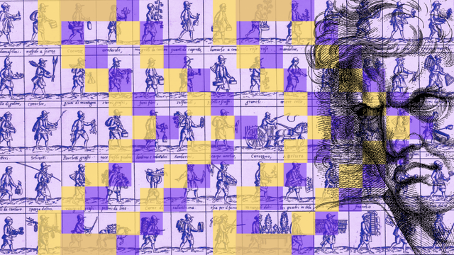 A sketch of a disgruntled man on the right side of the image is overlaid by rectangles containing sketches of individual workers. The man's gaze faces the individuals who are positioned as if they are walking in unison towards the man. The background is purple and there is a forward arrow symbol in darker purple and yellow on top of the image. 
