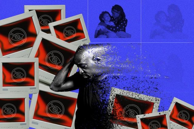 A man showing mental distress from constant exposure to harmful content online. His family, in the background, progressively disappears.