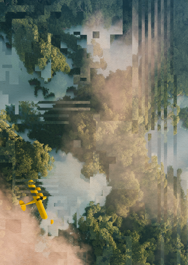 Bird's eye view photo of a small hut and a concrete path through a lush green forest. However, the image is slightly distorted by digital artefacts.